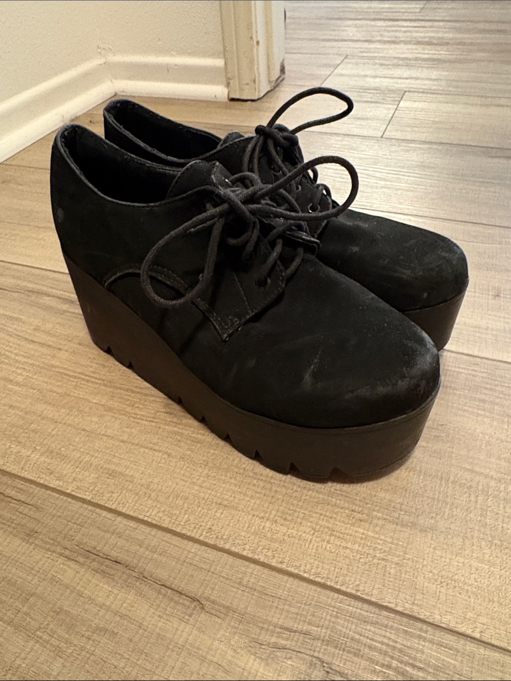 Top Moda Black Faux Suede Platform Wedge Oxford Shoes Size 8